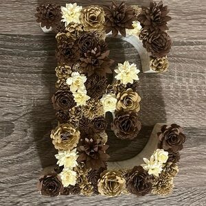 NWOT Handcrafted Chunky Wooden Floral Letter E in Neutral Tones